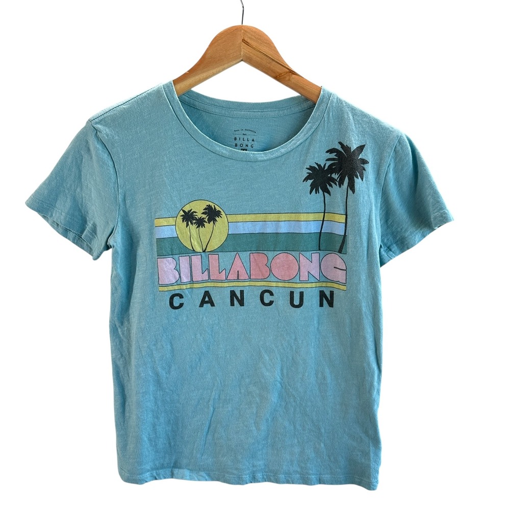 Billabong Tee Shirt Cancun Palm Trees Blue Travel Vacation Casual S/P Beach